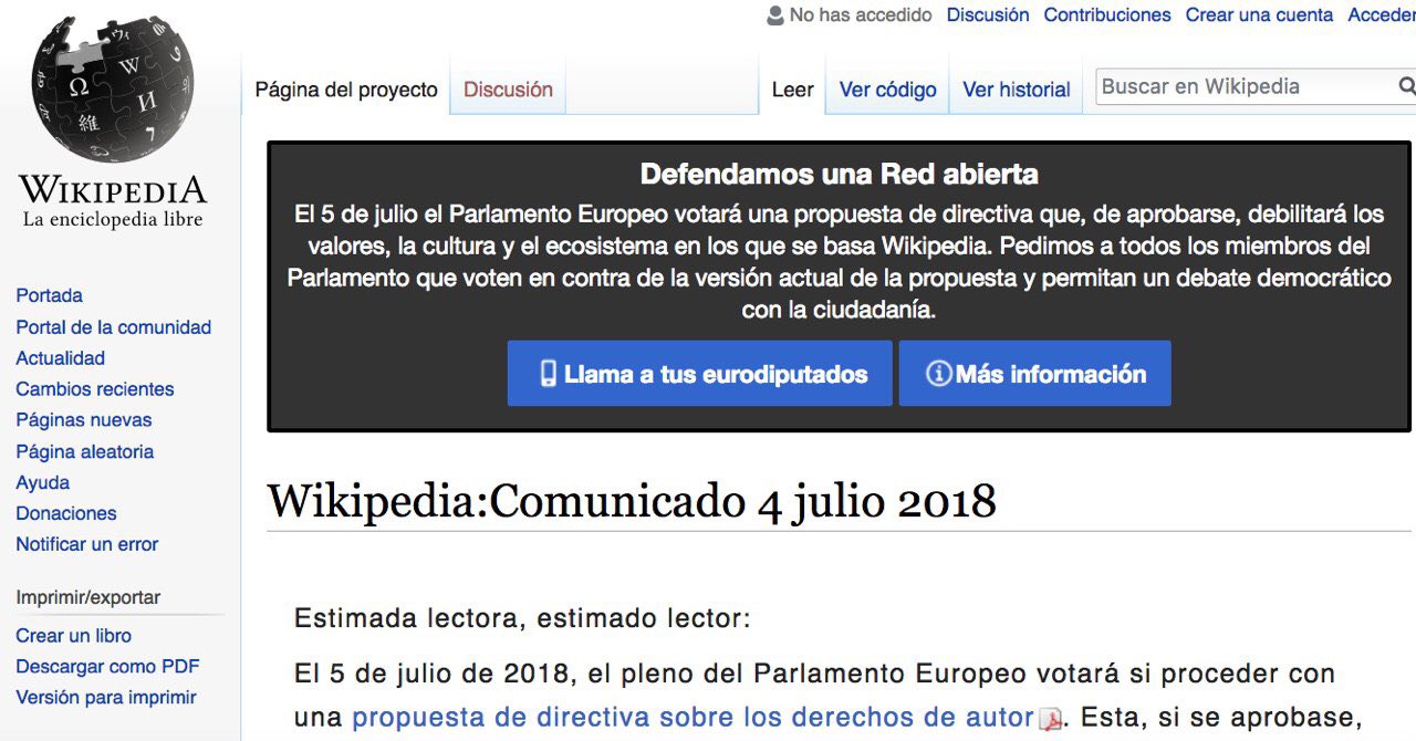 Wikipedia protesta contra la reforma a la Ley de Derechos de Autor en la Unión Europea